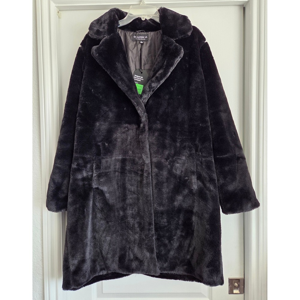 Coalition LA Black Faux Fur Plush Long Teddy Coat Jacket Snap Front Pocket Sz XL